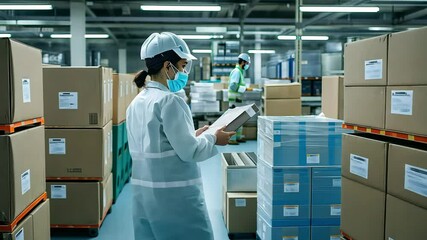 A worker in protective gear navigates a warehouse filled with stacked boxes, emphasizing organization and safety in an industrial environment.