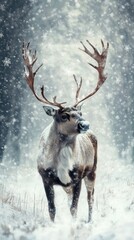 A reindeer stands in a snowy forest, surrounded by falling snowflakes, capturing the serene beauty of winter wildlife.