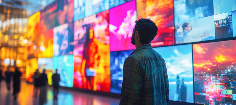Creative man watching video wall showing colorful abstract and city images