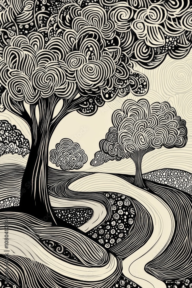 Poster a drawing of a forest with trees and a road. the trees are in the foreground and the road is in the 