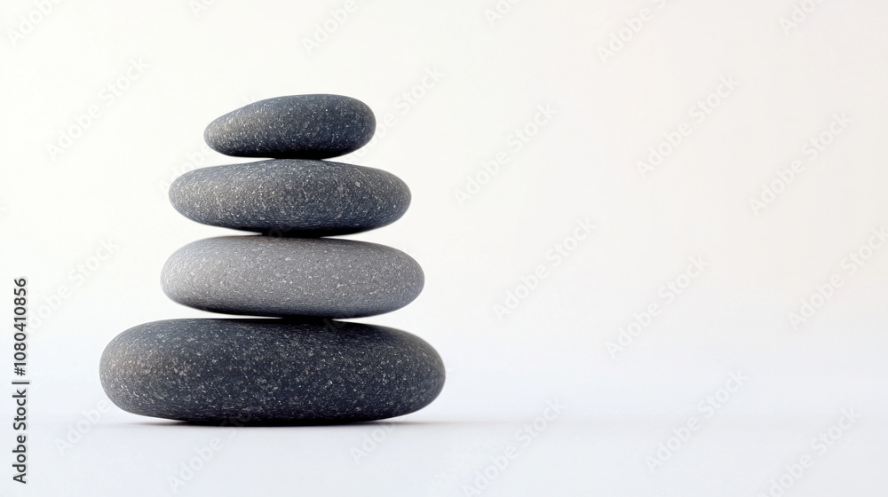 Poster a balanced stack of four smooth pebbles arranged harmoniously against a pristine white background