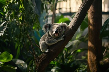 Fototapeta premium Koala Climbing on Tree in Lush Green Environment