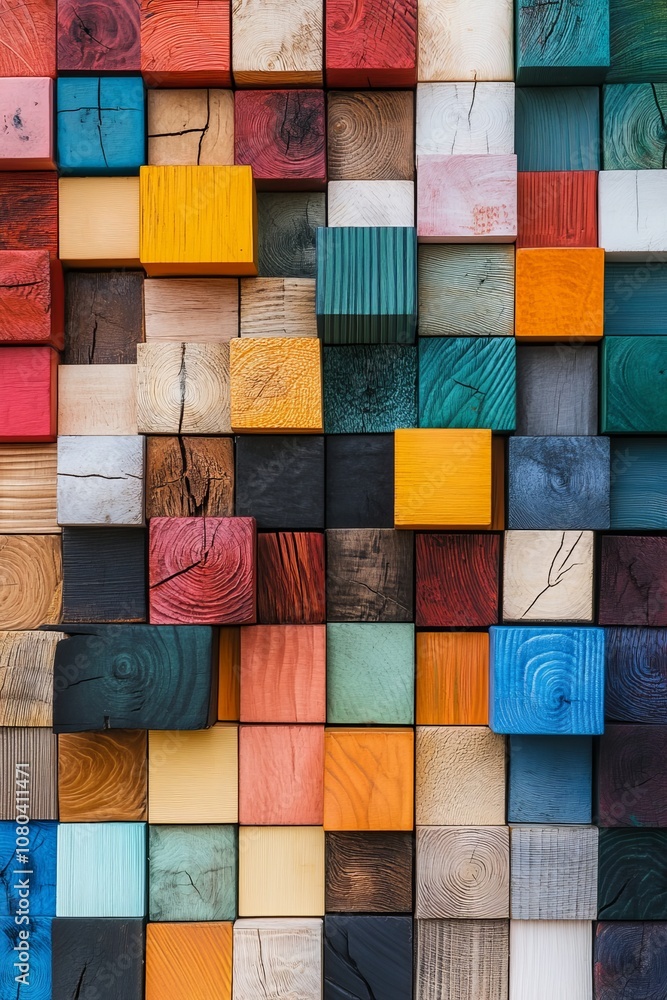Poster a vibrant abstract background featuring a pattern of colorful wooden blocks with varied textures and