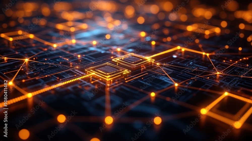 Poster abstract digital circuit board with glowing nodes and connections.