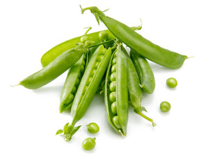 Green peas with twig leaf and pods. Vegetable still life, isolated on white background.