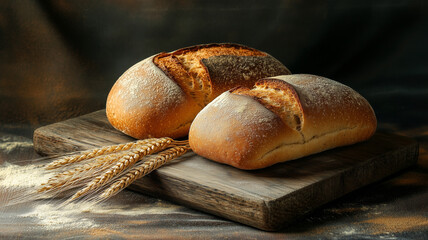 Two rustic loaves of bread and a single wheat stalk on a vintage wooden board, dark moody background, warm lighting