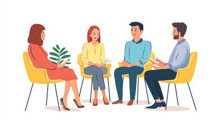 Group of four individuals engaging in an open discussion in a bright, modern setting with comfortable chairs and a friendly atmosphere