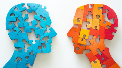 Puzzle pieces form two profiles in bright colors, representing the connection between minds and emotions in a thoughtful arrangement