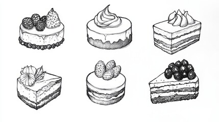 A collection of six detailed black and white cake illustrations showcasing different styles and toppings.