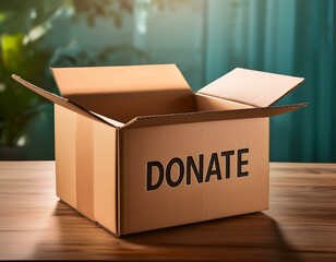 A cardboard box siting on a table with the word DONATE marking on it,  charity concept, horizontal photo.
