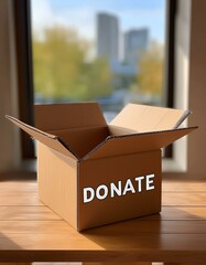 A cardboard box siting on a table with the word DONATE marking on it,  charity concept, vertical photo.
