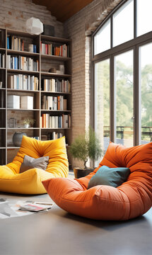 Modern Living Room Interior with Yellow and Orange Armchairs Bookshelf and Large Window