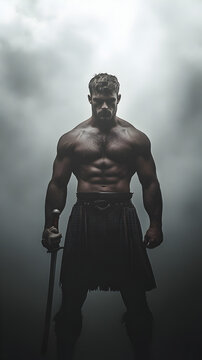 A Scottish Highland warrior in a kilt and wielding a claymore, standing tall against a misty gray background. A Highland warrior ready for combat.


