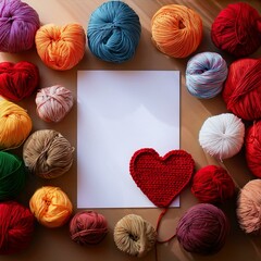 A white paper is surrounded many colorful yarn and a red yarn heart is crocheted onto the paper.