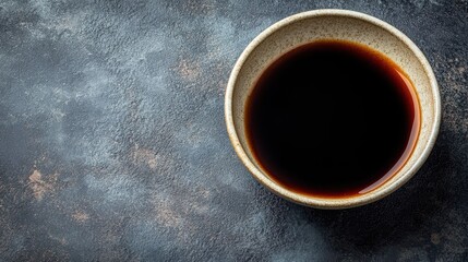 Soy sauce in a bowl on a dark background. Perfect for adding flavor to Asian dishes, marinades, and sauces.
