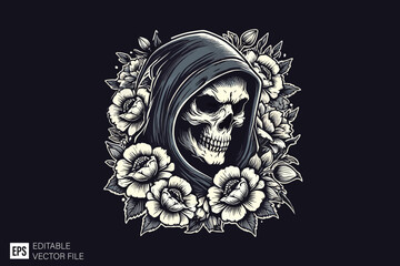 grim reaper illustration dark art style vector design black and white illustration