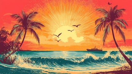 Obraz premium Tropical Beach with Palm Trees, Seagulls, and Sunset Waves in Vector Style