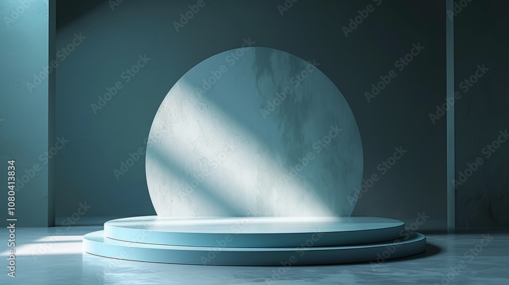 Poster A minimalist abstract scene featuring a circular platform with soft lighting, ideal for product display or design backgrounds.