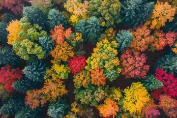 A beautiful autumn forest with many trees in various shades of red, yellow, and green