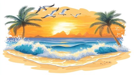 Obraz premium Tropical Beach with Palm Trees, Seagulls, and Sunset Waves in Vector Style