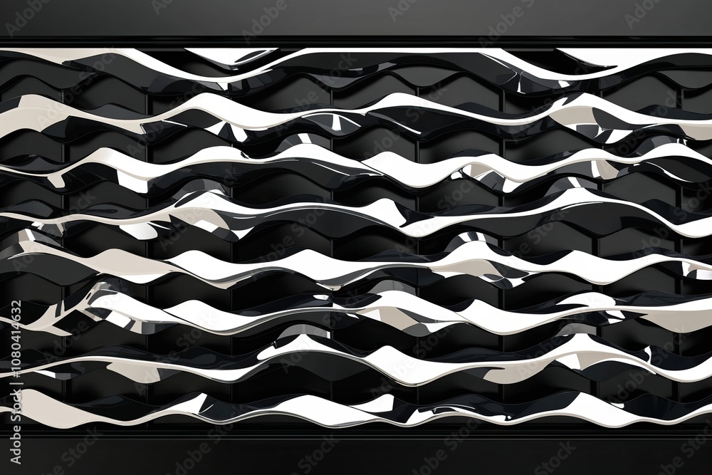 Poster striking three-dimensional hexagonal pattern with shining waves on black framework