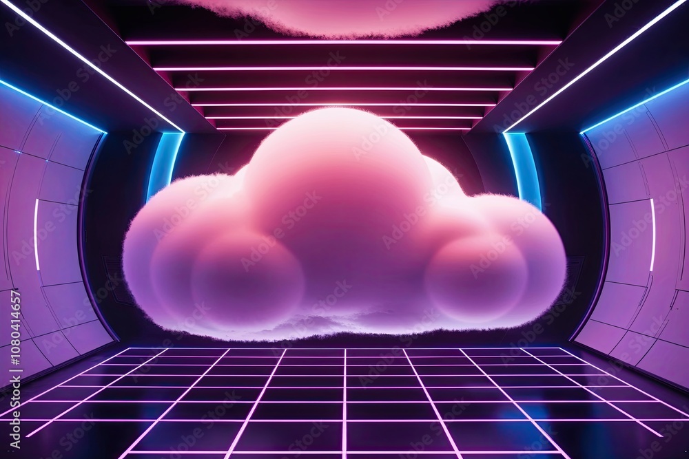 Poster 3d render of an abstract cloud illuminated with neon light in a futuristic environment