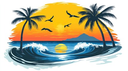 Obraz premium Tropical Beach with Palm Trees, Seagulls, and Sunset Waves in Vector Style