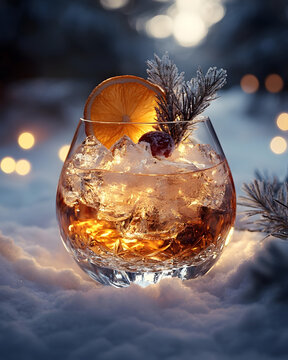 Chilled cocktail with ice, orange slice, and cherry in a crystal glass against a snowy background