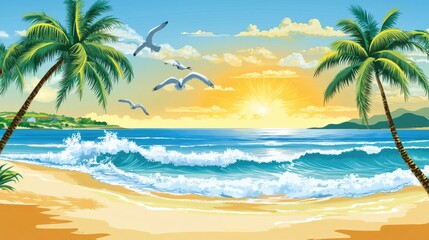 Fototapeta premium Tropical Beach with Palm Trees, Seagulls, and Sunset Waves in Vector Style