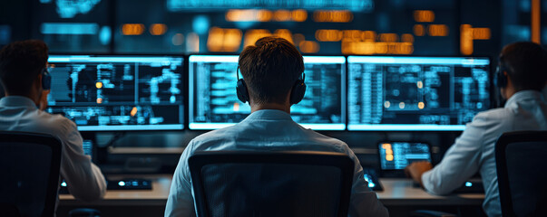 Gas pipeline operations team in high-tech control room, A team of professionals monitors complex data on multiple screens, showcasing the essence of technology and teamwork in a modern workspace.