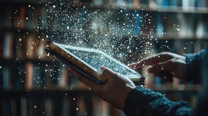 A male hand using a tablet, searching the Internet for information. Replacing paper books with a tablet. A contemporary art collage. An idea of online education, Internet help, and emerging
