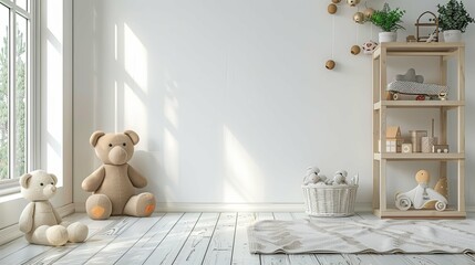 A White and Beige Nursery with Teddy Bears, Toys, and a Wooden Shelf
