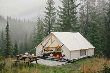  Glamping offers a luxury camping experience.A cozy camping tent in a misty forest, surrounded by tall trees and a rustic picnic area, ideal for outdoor adventures.