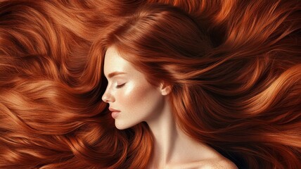Obraz premium A serene woman with flowing, vibrant red hair lays gracefully, exuding beauty and elegance against a soft background.