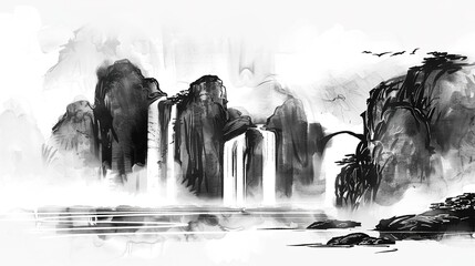Majestic Misty Mountain Peaks in Traditional Chinese Ink Wash Landscape Painting Style