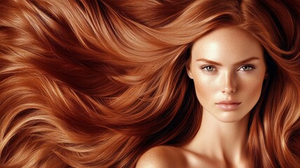 Obraz premium A close-up of a model with stunning long, flowing red hair, showcasing vibrant color and texture, emphasizing beauty and elegance.