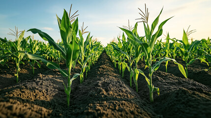 Close-up view of a cornfield with young green corn plants growing in neat parallel rows under a clear blue sky.