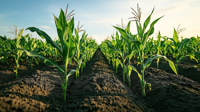 Close-up view of a cornfield with young green corn plants growing in neat parallel rows under a clear blue sky.