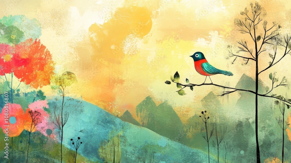 Poster a bird is perched on a branch of a tree. the bird is blue and red. the background is a colorful land