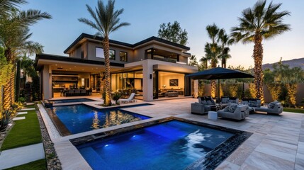 Fototapeta premium Luxurious home, outdoor living concept with private oasis, modern minimalist architecture design, backyard swimming pool and palm trees