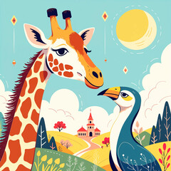 Obraz premium Cute Giraffe and Toucan Illustration with Landscape Background