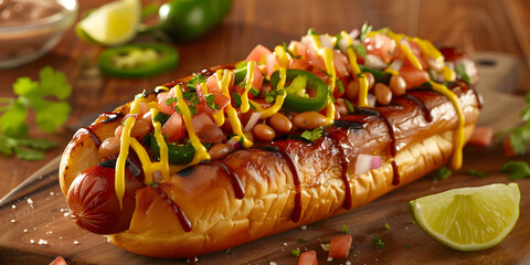 Mouthwatering Sonoran Hot Dog with Bacon, Pinto Beans, and Spicy Toppings