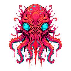Psychedelic Octopus Illustration in Vibrant Neon Colors
