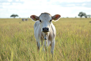 Fototapeta premium Curious cow with a bell around its neck standing in a green pasture