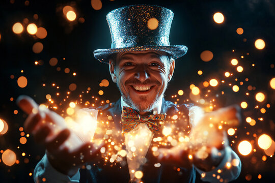 A joyful magician in a sparkly top hat, surrounded by floating golden sparkles, performing a magical trick with open hands in a dark setting
