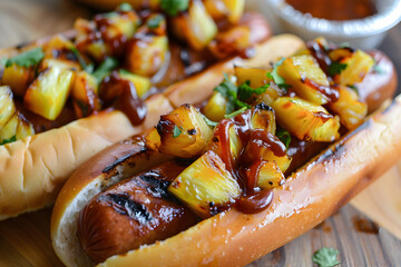 Delicious pineapple hot dog with caramelized pineapple and tangy BBQ sauce for tropical street food flavor