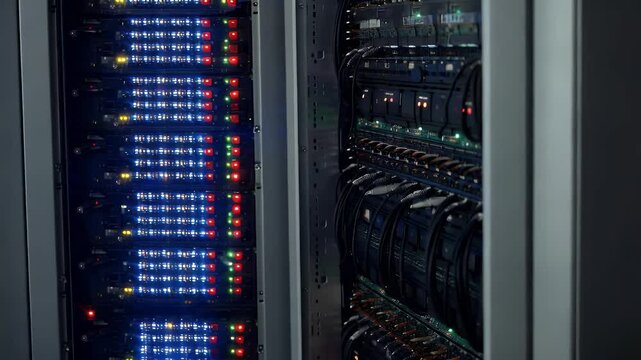 A close-up of a server rack with many lit up lights and cables. The server rack is in a dark room.
