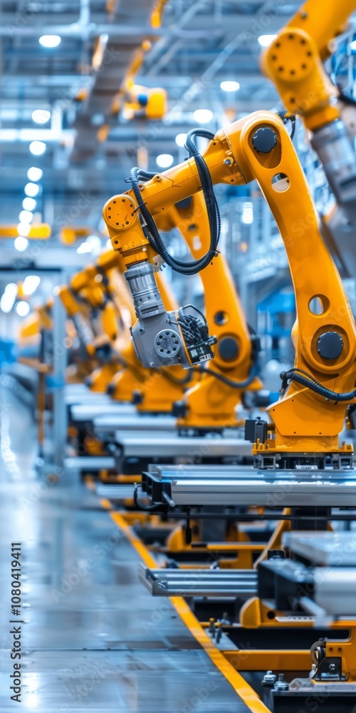 Poster close-up of robotic arms in a factory, showcasing automation and advanced manufacturing technology.