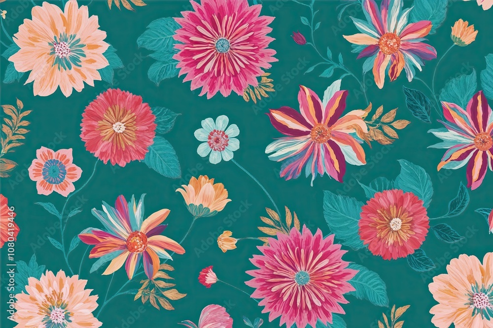 Poster fresh vibrant teal abstract background with whimsical floral patterns for displaying products