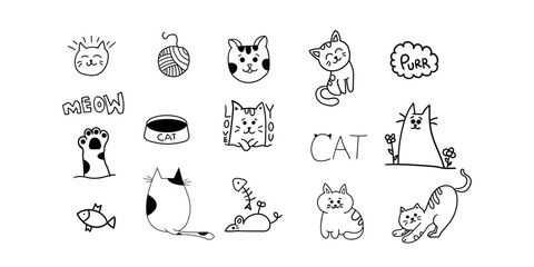 Fototapeta premium Cat that are just better collection,Hand draw set drawing of piece of every cats life,silly happy little meow bunch,cherry your furry little friend. 